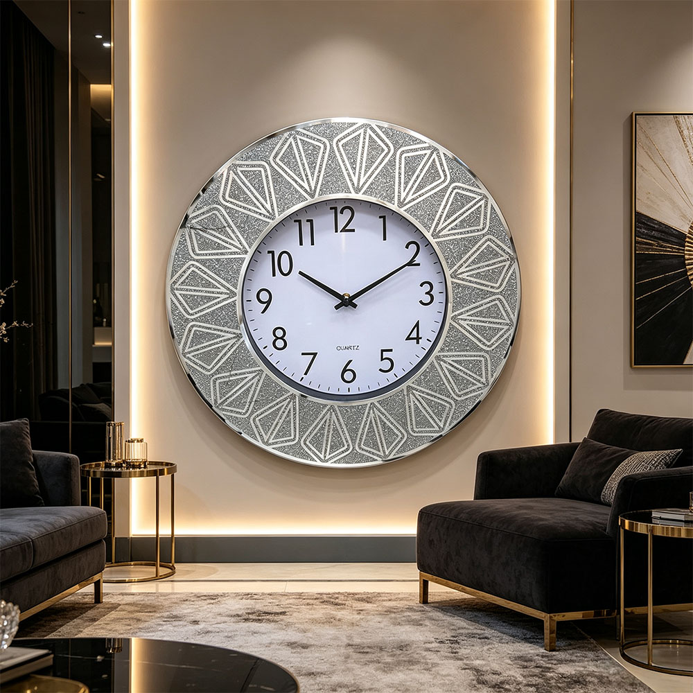 Silver diamond-encrusted artistic glass wall clock, powder-printed wall clock, artistic glass wall clock for home entrance, bedroom, hall and study, classic silver Nordic style silent countdown machine details Picture