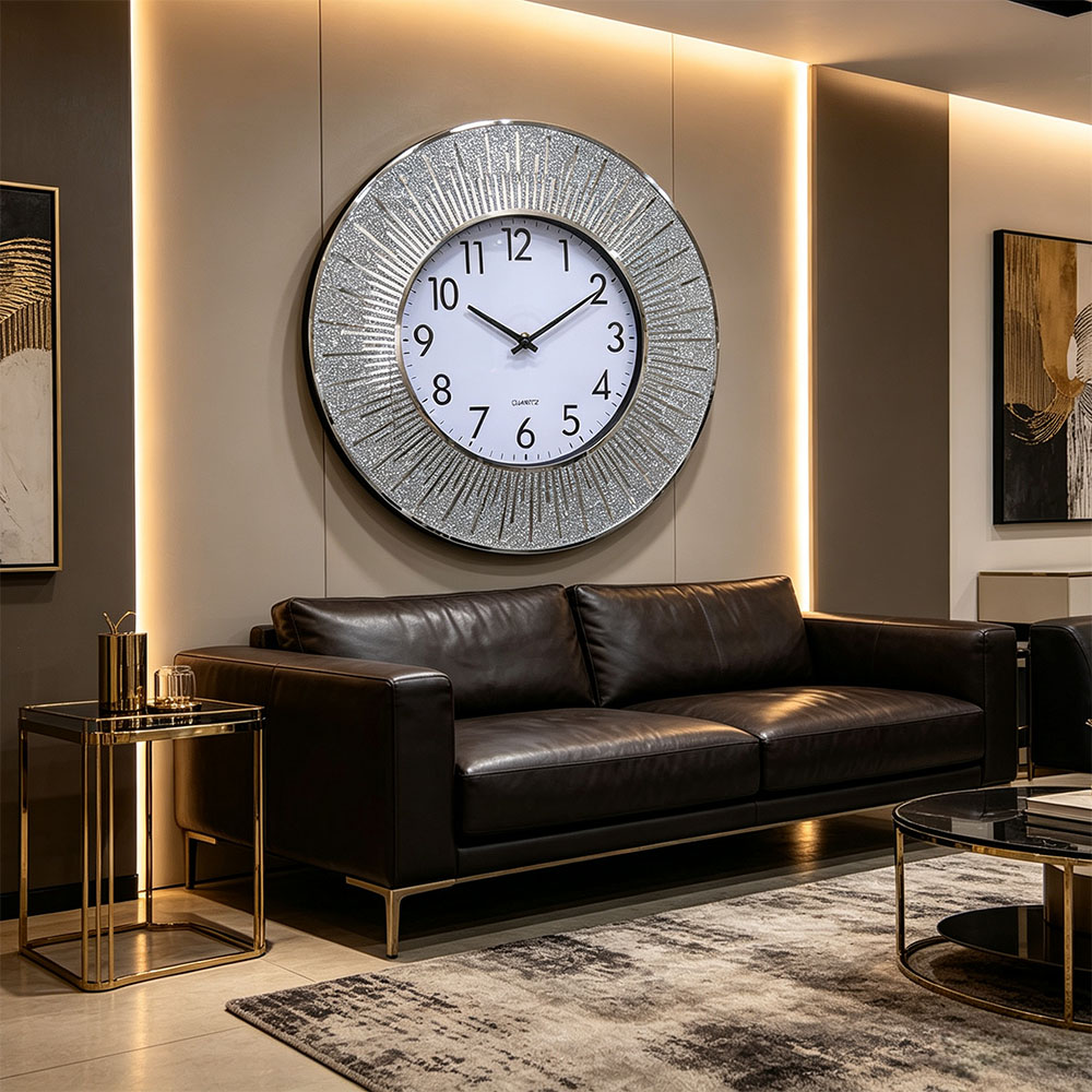 Classic silver Nordic-style silent scanning powder wall clock, silver diamond-encrusted art craft glass wall clock, art craft glass wall clock for home entrance, bedroom, hall and study Application Scenario