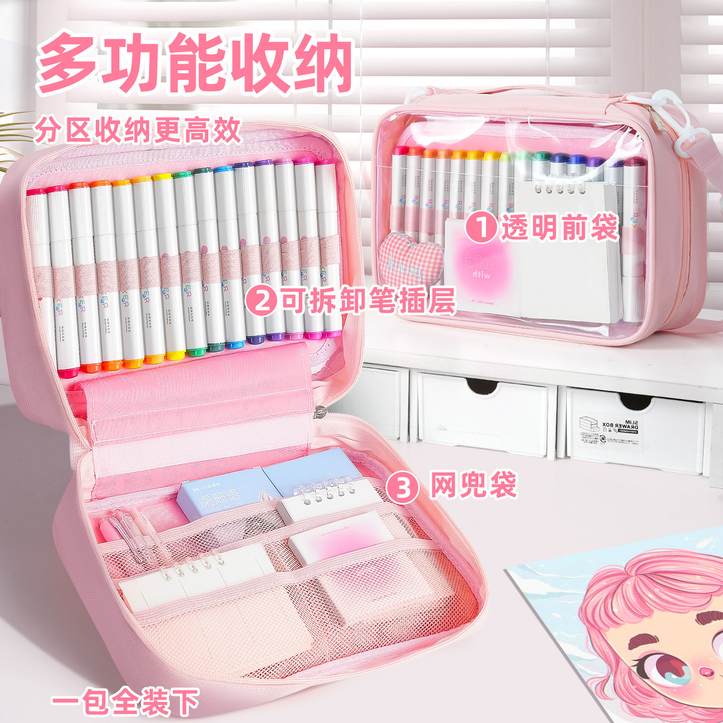 Baiyi Storage Bag: Large-capacity multi-layer acrylic marker pen storage bag, hand-held diagonal cross bag, transparent multi-functional pen case Application Scenario