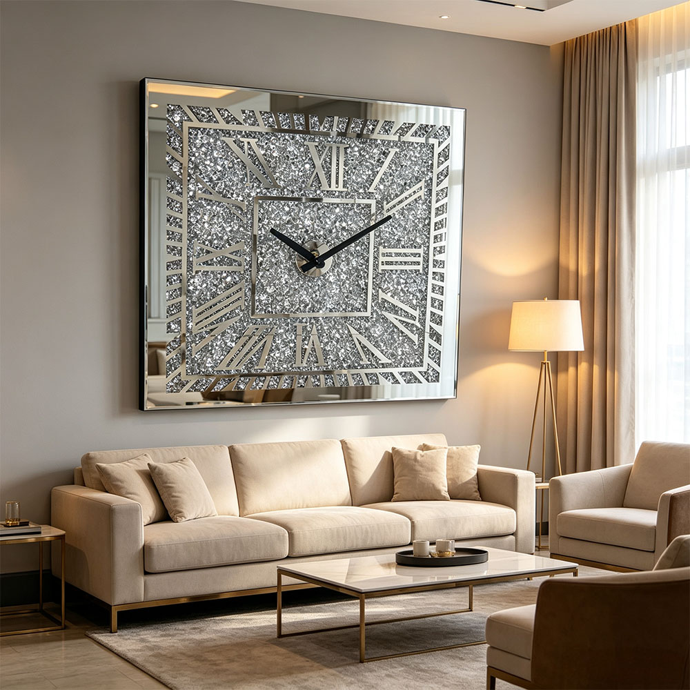 Silver glitter Roman numerals glass wall, artistic craftsmanship, bedroom, living room, entrance hall wall clock, silent countdown wall clock, Roman silver, simple and fashionable details Picture