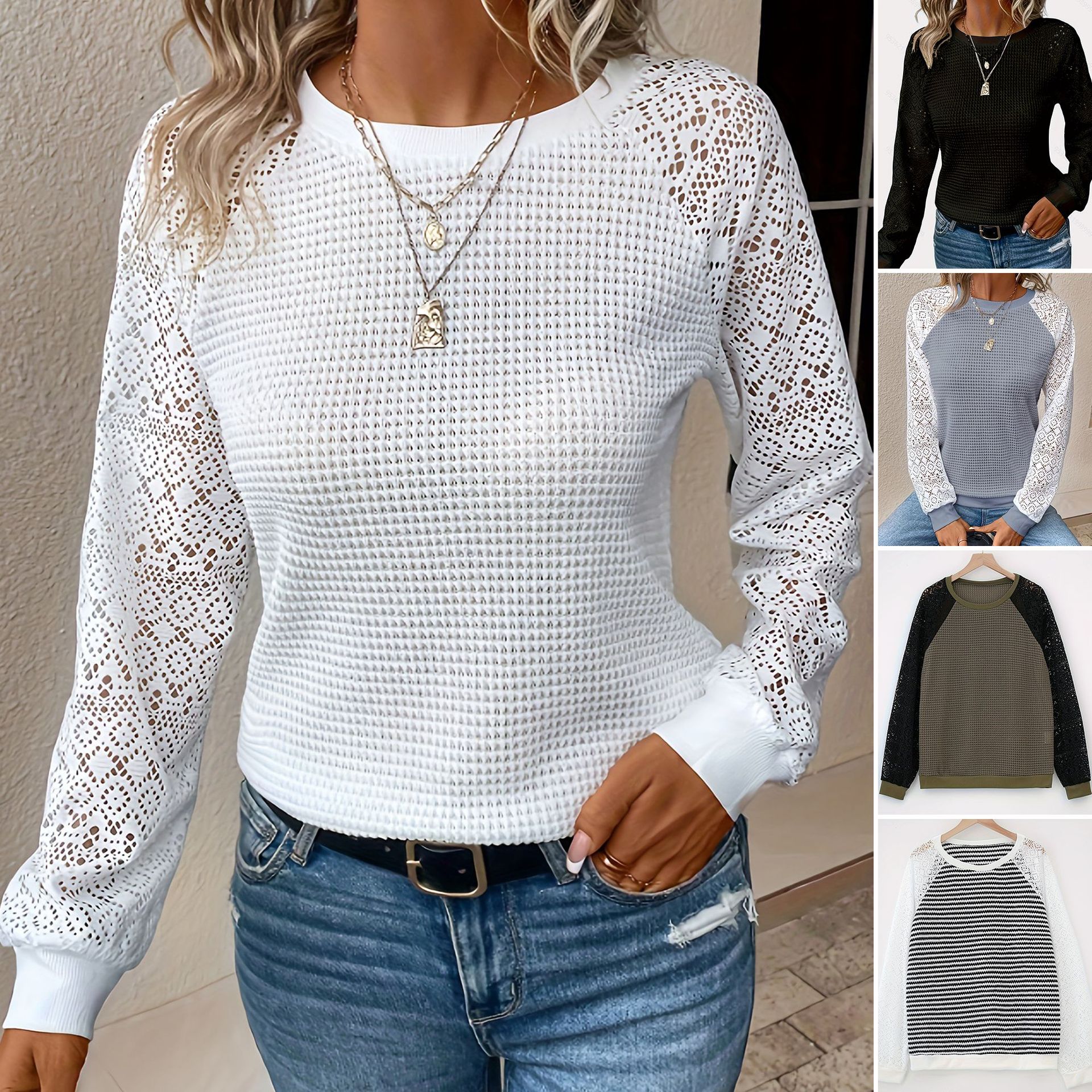 Cross-border foreign trade manufacturer's 2026 new solid-color lace long-sleeved, hollowed-out round-neck casual women's T-shirt top