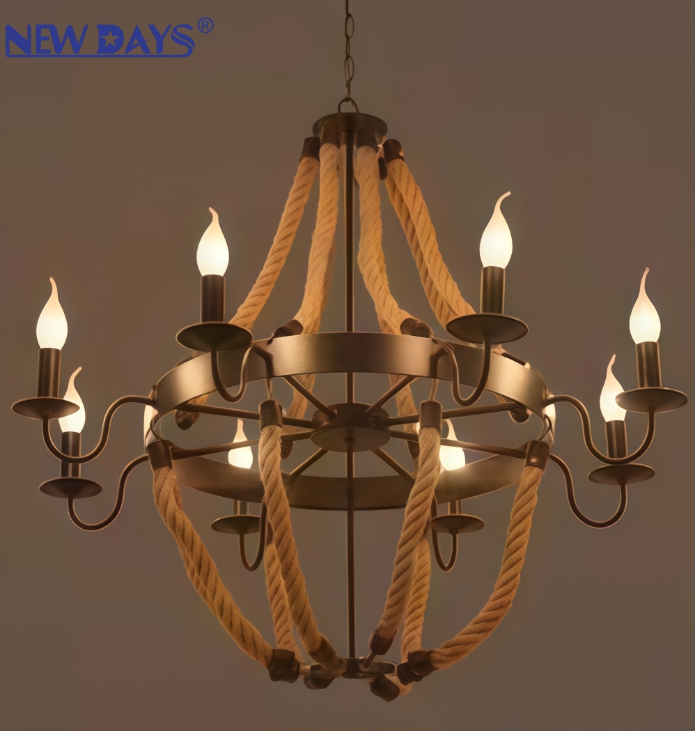 NEWDAYS cross-border new led retro industrial style hemp rope pendant lamp, ironwork hood bar table lamp, 6-head hemp rope decorative lighting ambient lamp pendant lamp Application Scenario
