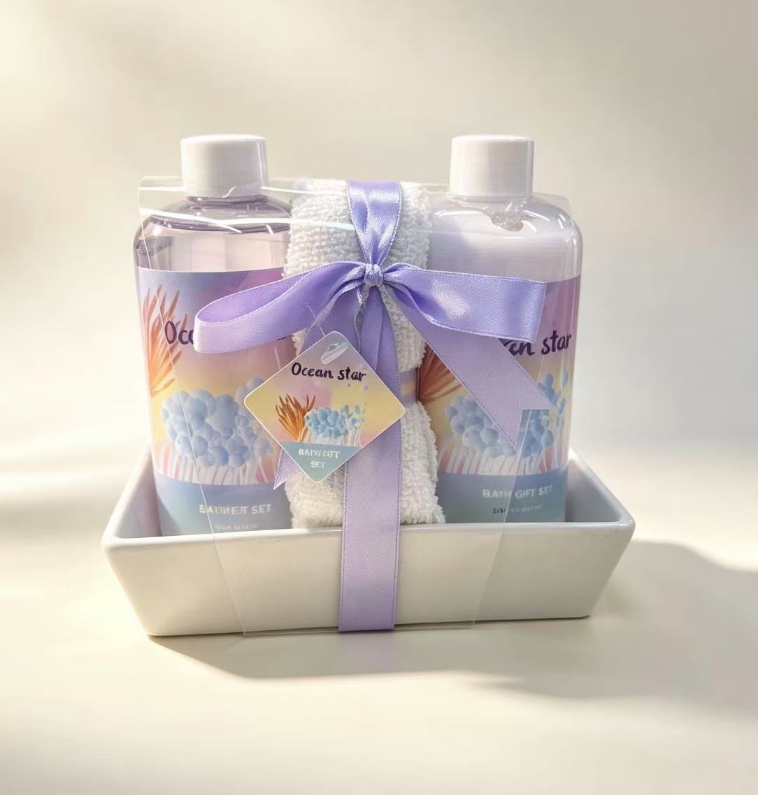Body wash, body lotion, towel, ceramic tray, personal care products set, gift box