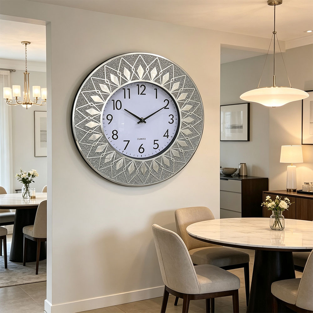 Simple Nordic style silent second-scanning wall clock, classic silver powder-printed wall clock, silver diamond-encrusted art craft glass wall clock, art craft glass wall clock for home entrance, bedroom, hall and study Item Picture