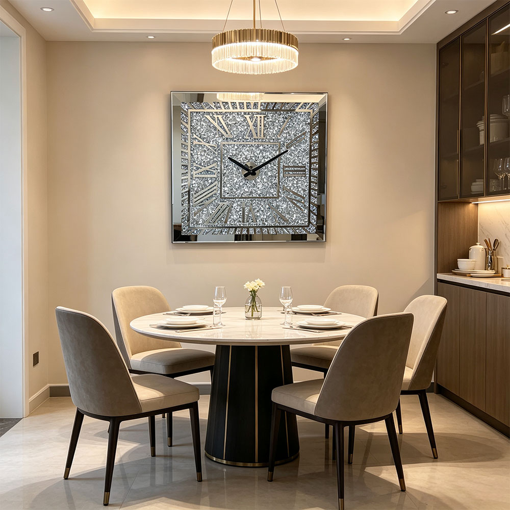 Silver glitter Roman numerals glass wall, artistic craftsmanship, bedroom, living room, entrance hall wall clock, silent countdown wall clock, Roman silver, simple and fashionable Specification image