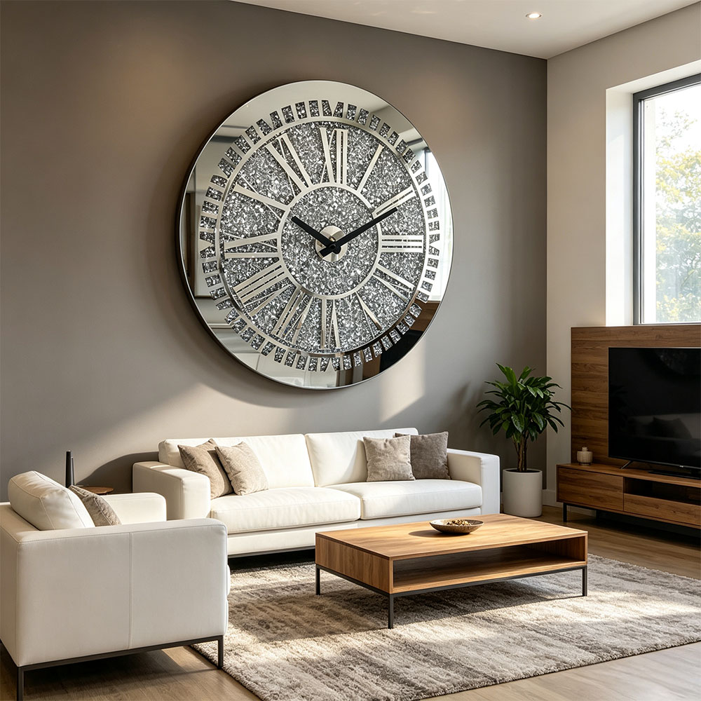 Roman silver diamond-encrusted wall clock, home entrance, bedroom, hall, study, artistic and craft glass wall clock, classic silver, Nordic style, silent countdown machine Application Scenario