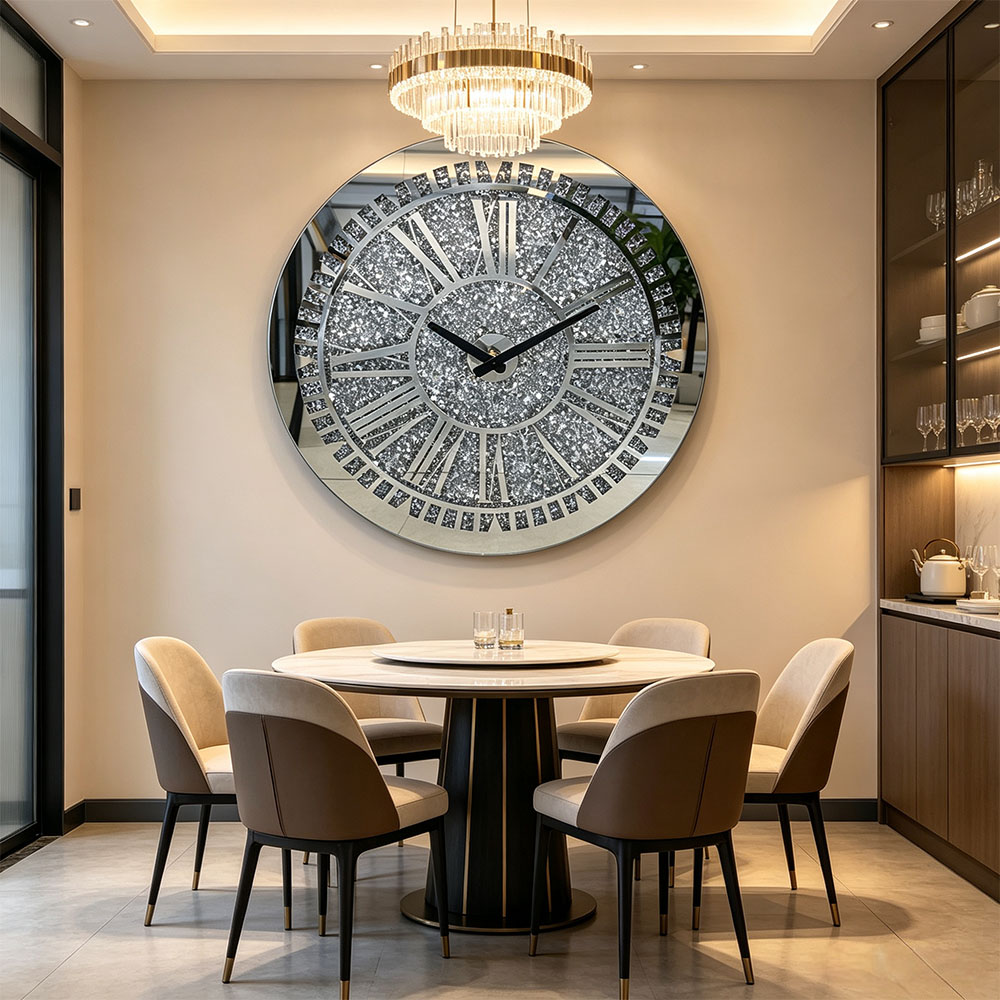 Roman silver diamond-encrusted wall clock, home entrance, bedroom, hall, study, artistic and craft glass wall clock, classic silver, Nordic style, silent countdown machine
