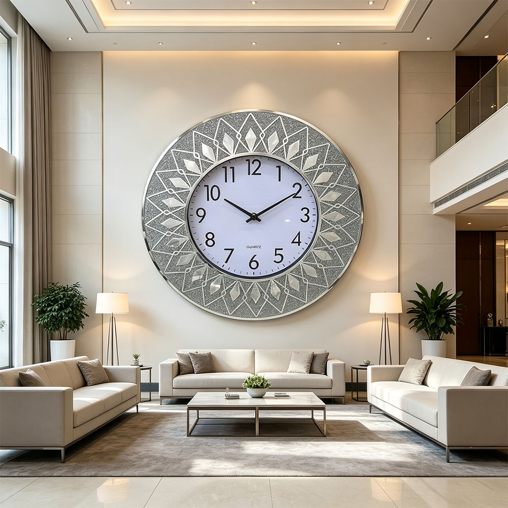 Simple Nordic style silent second-scanning wall clock, classic silver powder-printed wall clock, silver diamond-encrusted art craft glass wall clock, art craft glass wall clock for home entrance, bedroom, hall and study details Picture