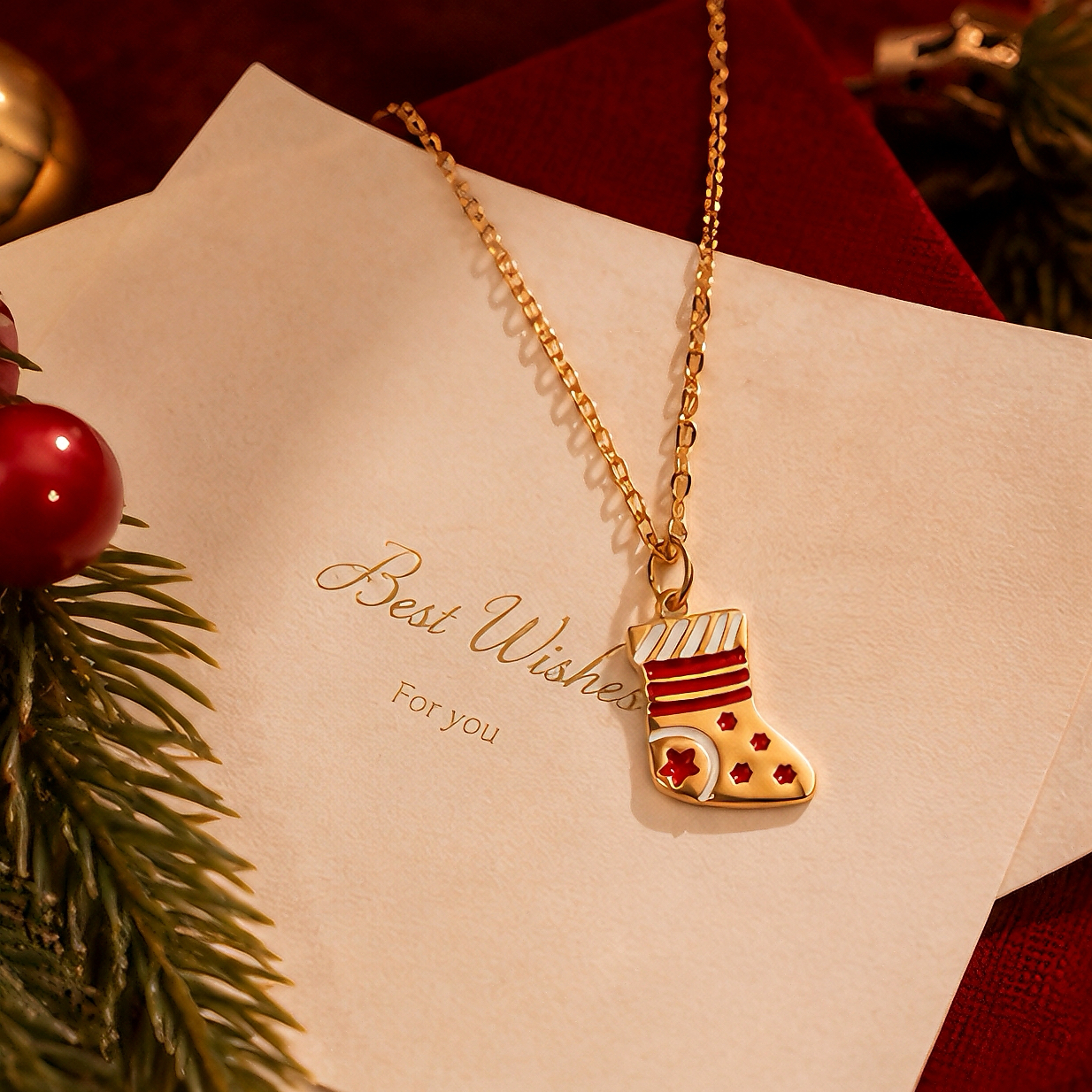 Christmas oil drip star Christmas sock pendant necklace, women's stainless steel fine gold chain, festive atmosphere, fun and childlike accessories, Christmas Eve, small and exquisite, non-fading neck chain