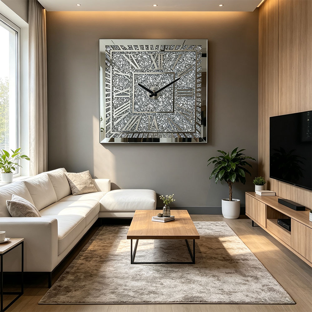 Silver glitter Roman numerals glass wall, artistic craftsmanship, bedroom, living room, entrance hall wall clock, silent countdown wall clock, Roman silver, simple and fashionable Item Picture