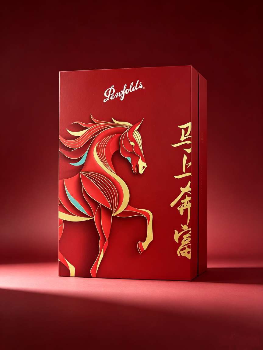 Penfolds Bin389 red wine in two bottles, red gift box, red horse pattern, white label detail image 2
