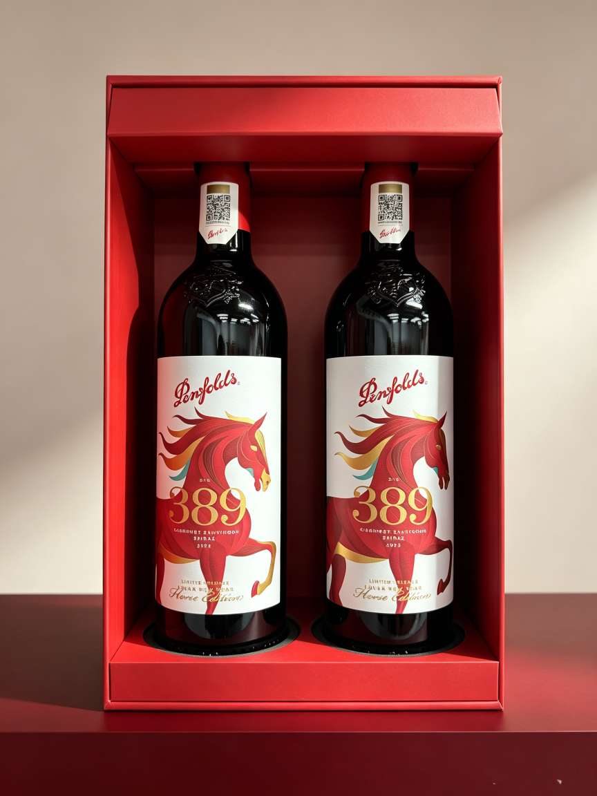 Penfolds Bin389 red wine in two bottles, red gift box, red horse pattern, white label detail image 1