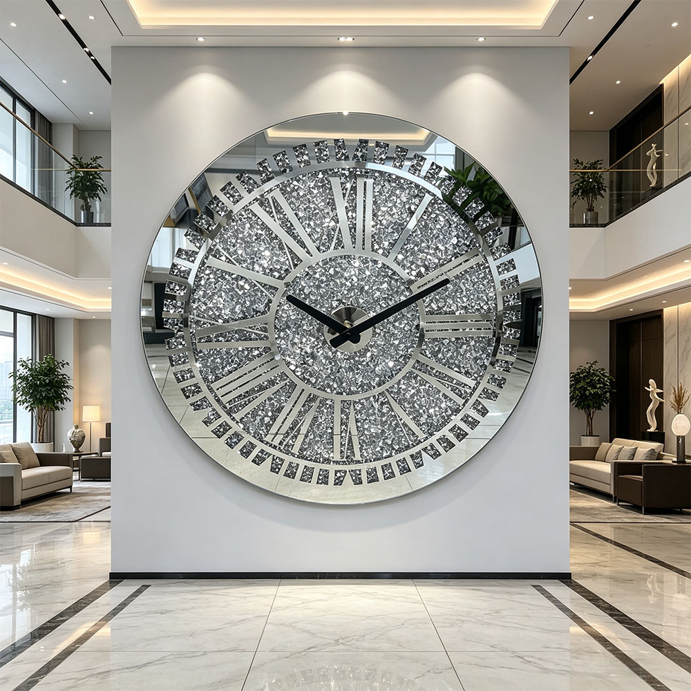 Roman silver diamond-encrusted wall clock, home entrance, bedroom, hall, study, artistic and craft glass wall clock, classic silver, Nordic style, silent countdown machine Specification image