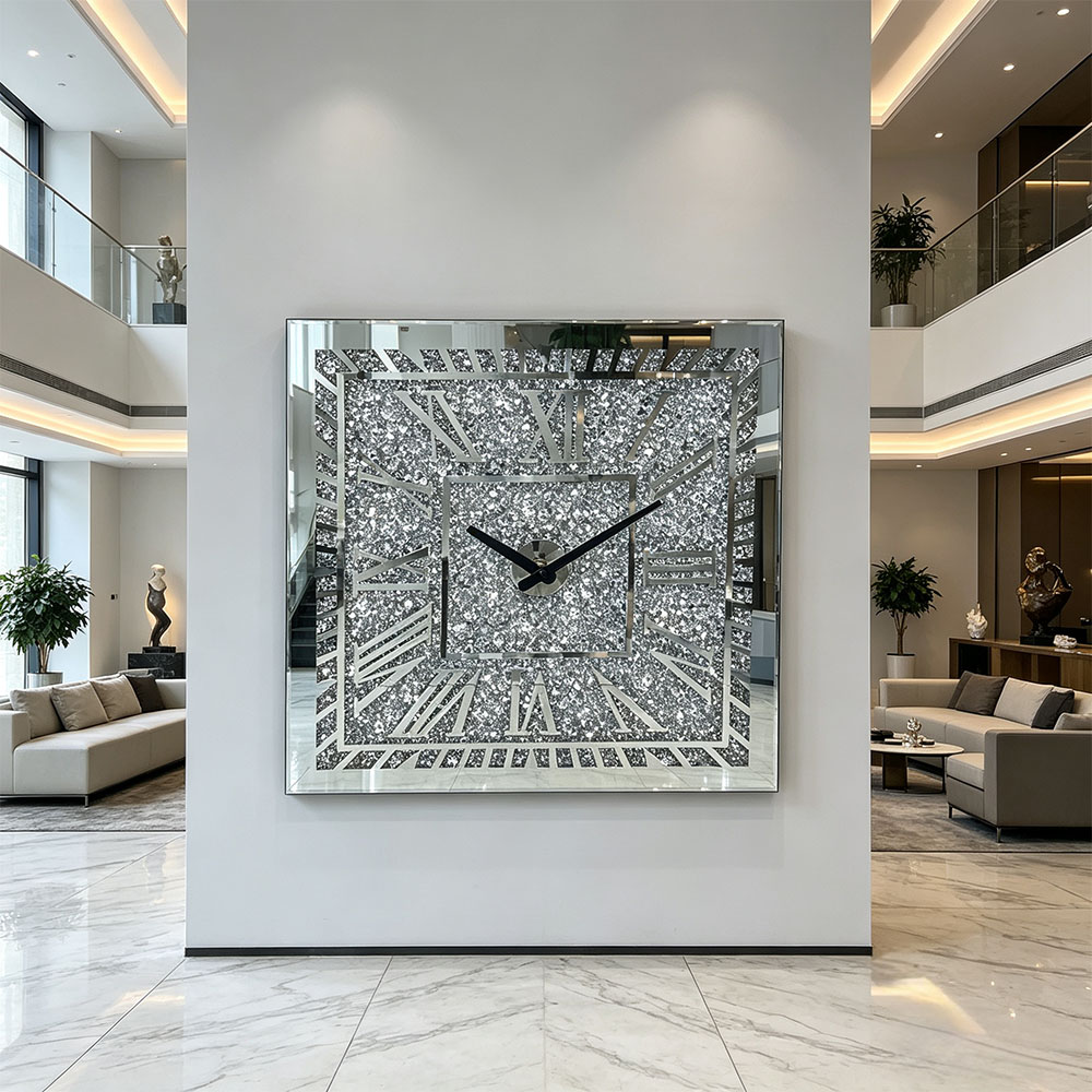 Silver glitter Roman numerals glass wall, artistic craftsmanship, bedroom, living room, entrance hall wall clock, silent countdown wall clock, Roman silver, simple and fashionable