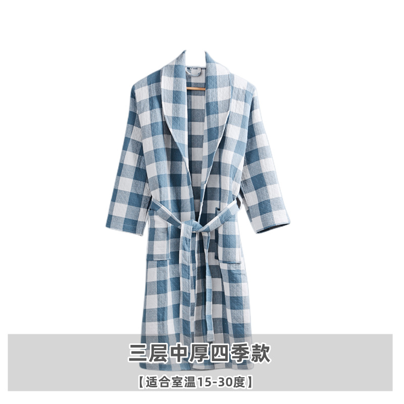 Pure cotton bathrobes for all seasons, absorbent and quick-drying three-layer gauze bathrobes for men and women, hotel beauty salon bathrobes, medium thick for autumn and winter Item Picture