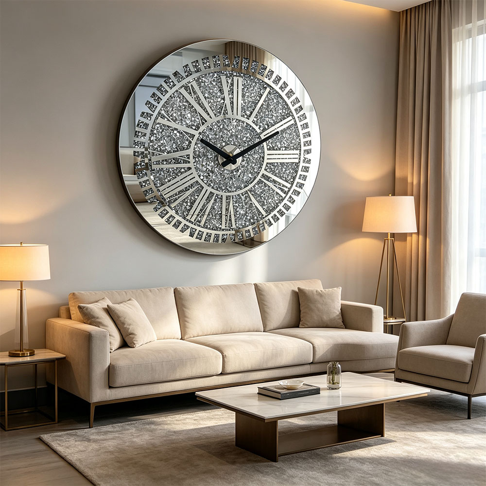 Roman silver diamond-encrusted wall clock, home entrance, bedroom, hall, study, artistic and craft glass wall clock, classic silver, Nordic style, silent countdown machine Item Picture