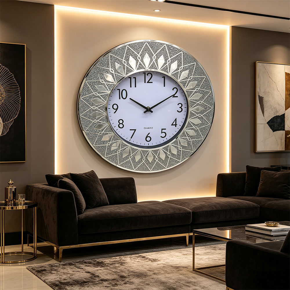 Simple Nordic style silent second-scanning wall clock, classic silver powder-printed wall clock, silver diamond-encrusted art craft glass wall clock, art craft glass wall clock for home entrance, bedroom, hall and study Application Scenario