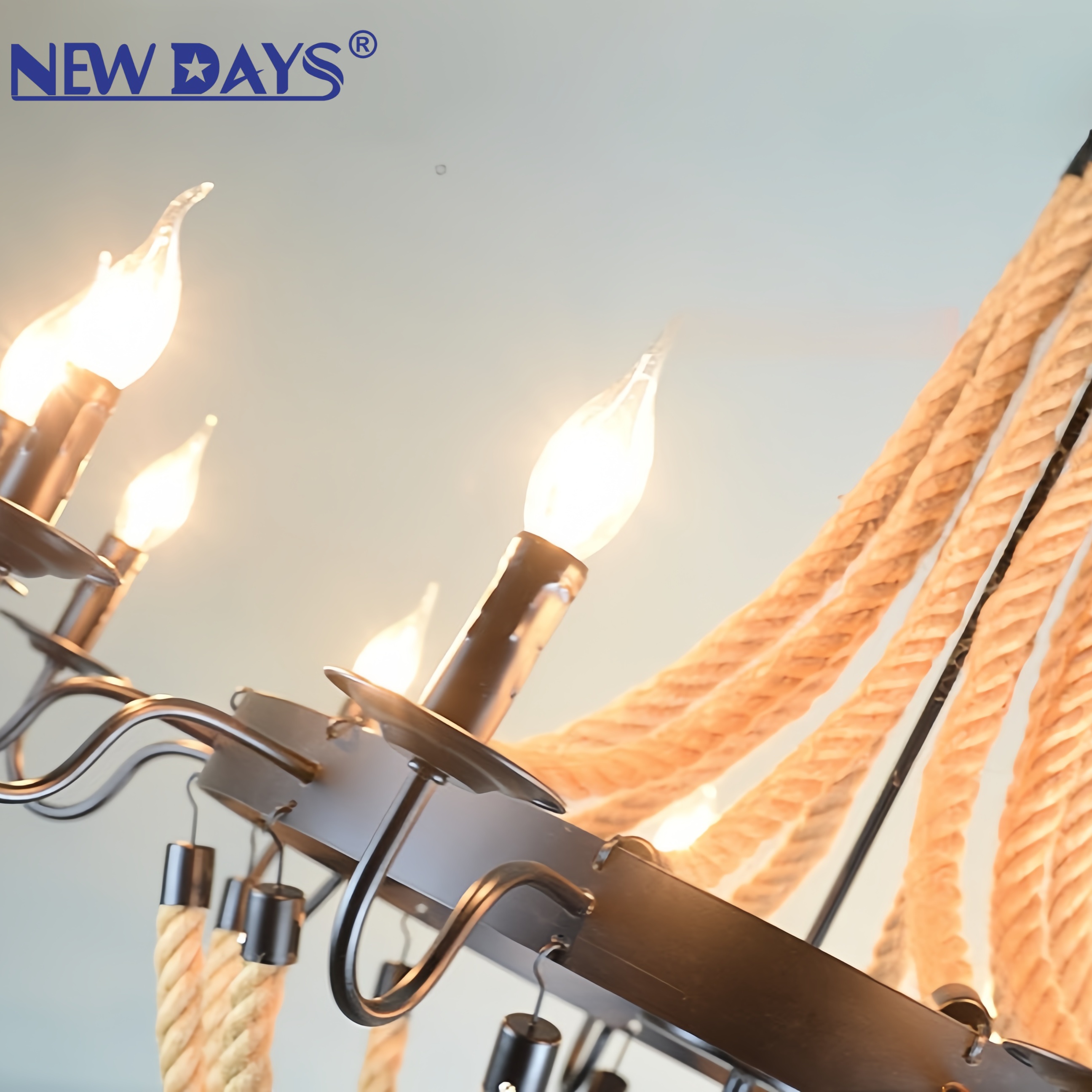 NEWDAYS cross-border new led retro industrial style hemp rope pendant lamp, ironwork hood bar table lamp, 6-head hemp rope decorative lighting ambient lamp pendant lamp details Picture