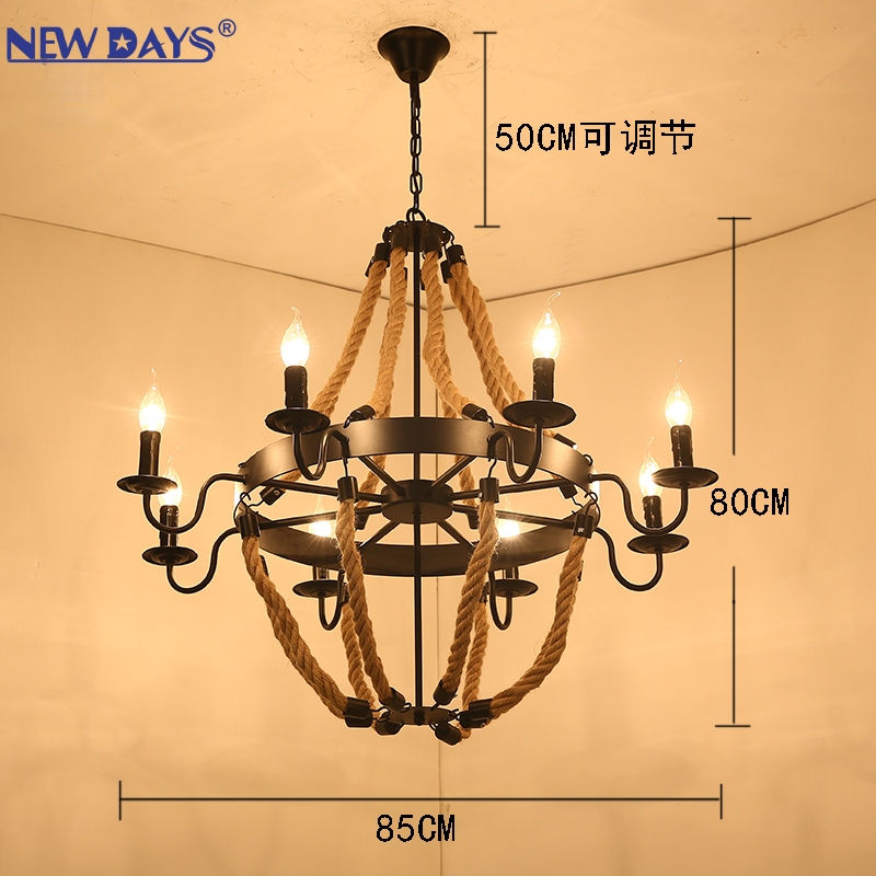NEWDAYS cross-border new led retro industrial style hemp rope pendant lamp, ironwork hood bar table lamp, 6-head hemp rope decorative lighting ambient lamp pendant lamp Specification image