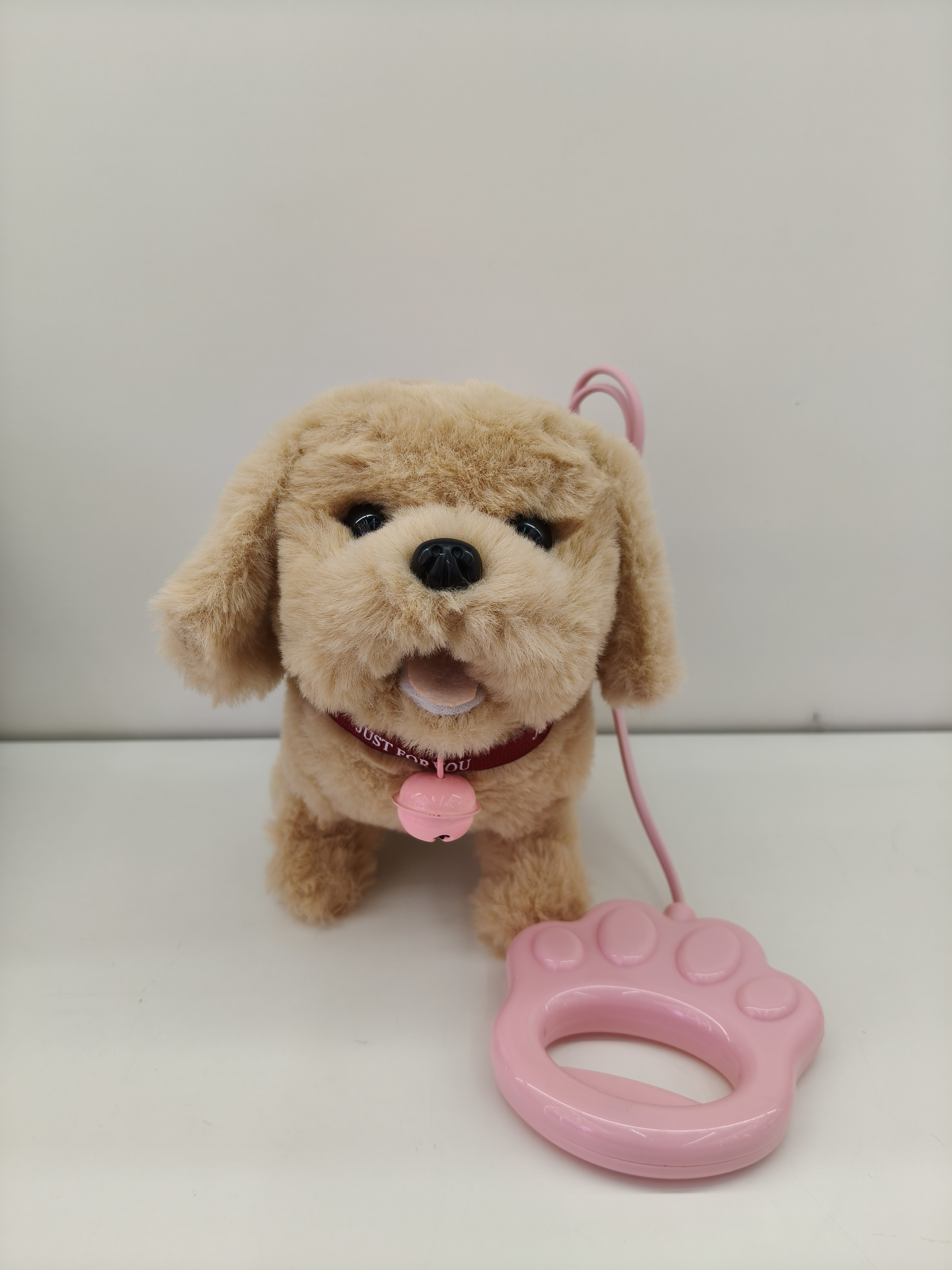 Four plush puppy toys, brown, light brown, pink and white with collars, bells, pink claw-shaped leash, pet toys Specification image