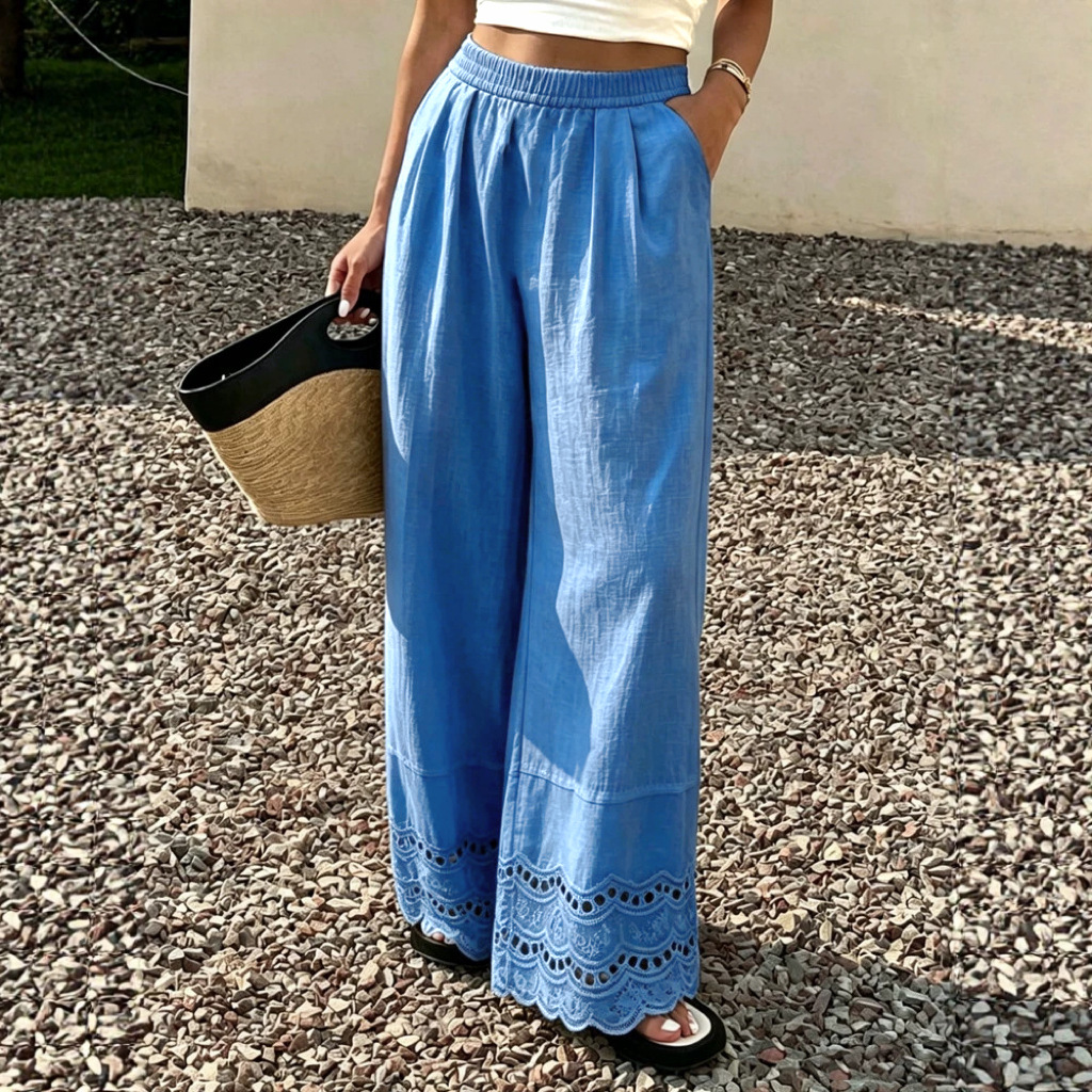 New summer cross-border women's trousers from Europe and America: solid color, fashionable, loose, casual, daily lace, cotton and linen wide-leg trousers for women, loose and casual Item Picture