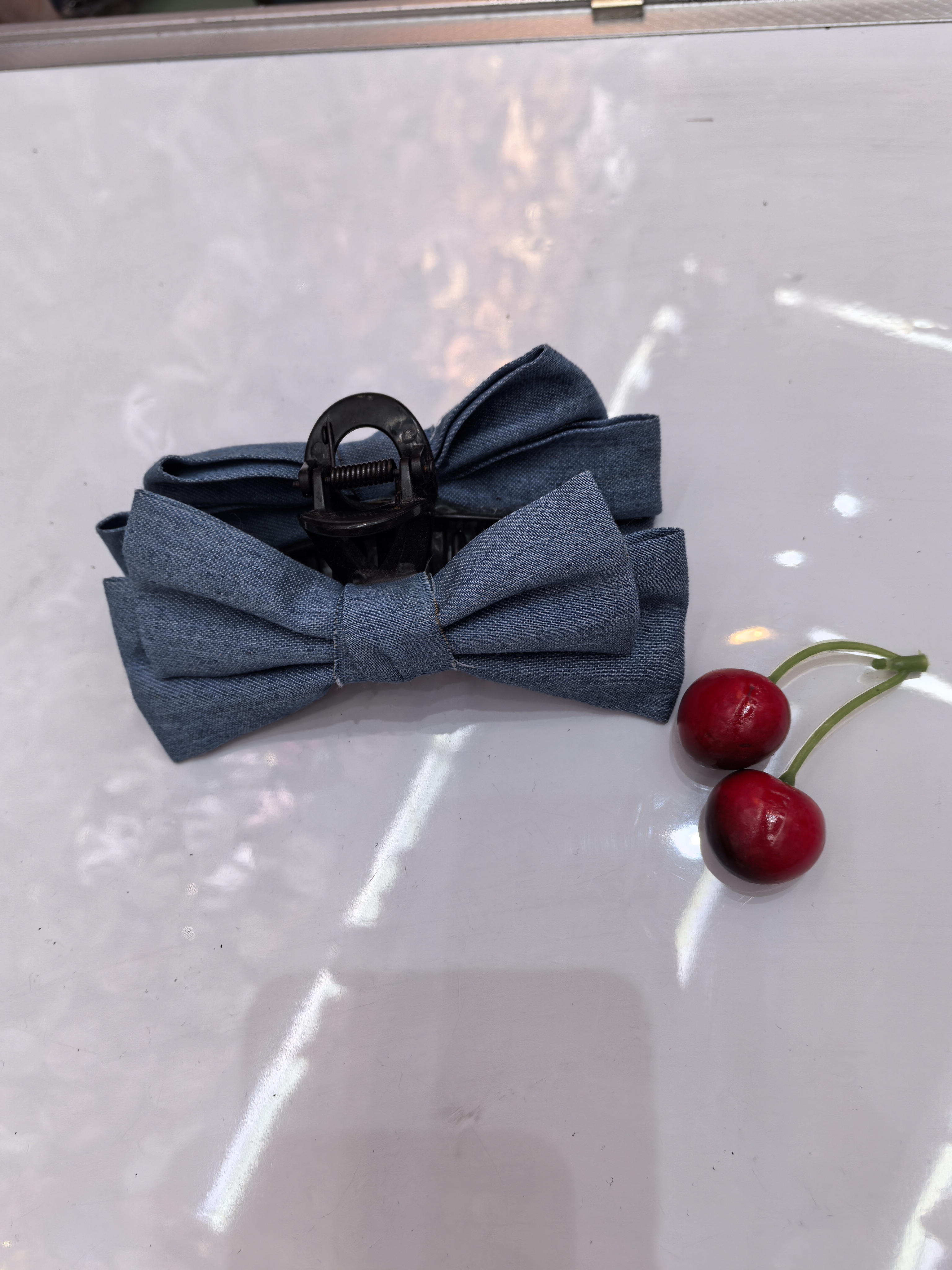 Blue denim bow cherry hairpin, a cute headpiece for a girl, decorated with two cherries detail image 1