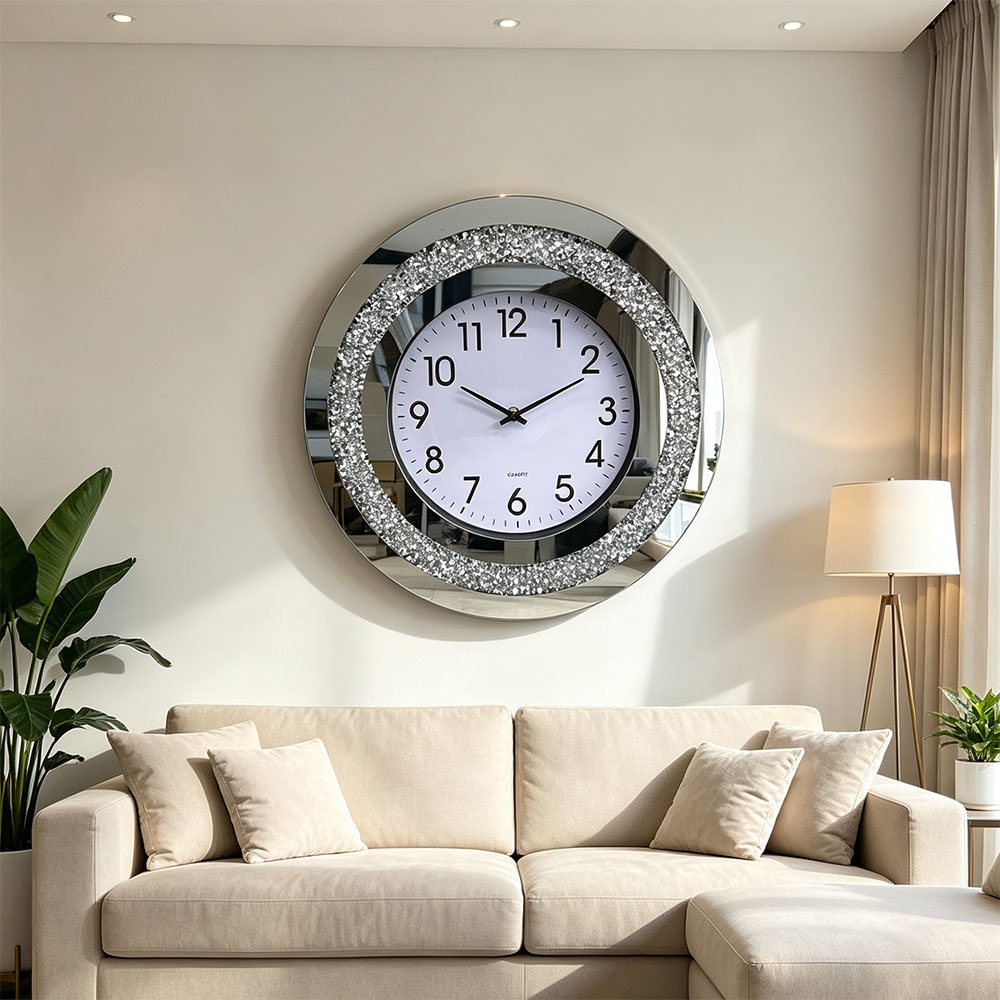 Circular silver diamond-encrusted digital craft wall clock, a simple and fashionable diamond-encrusted glass wall clock for the bedroom, living room and entrance hall details Picture