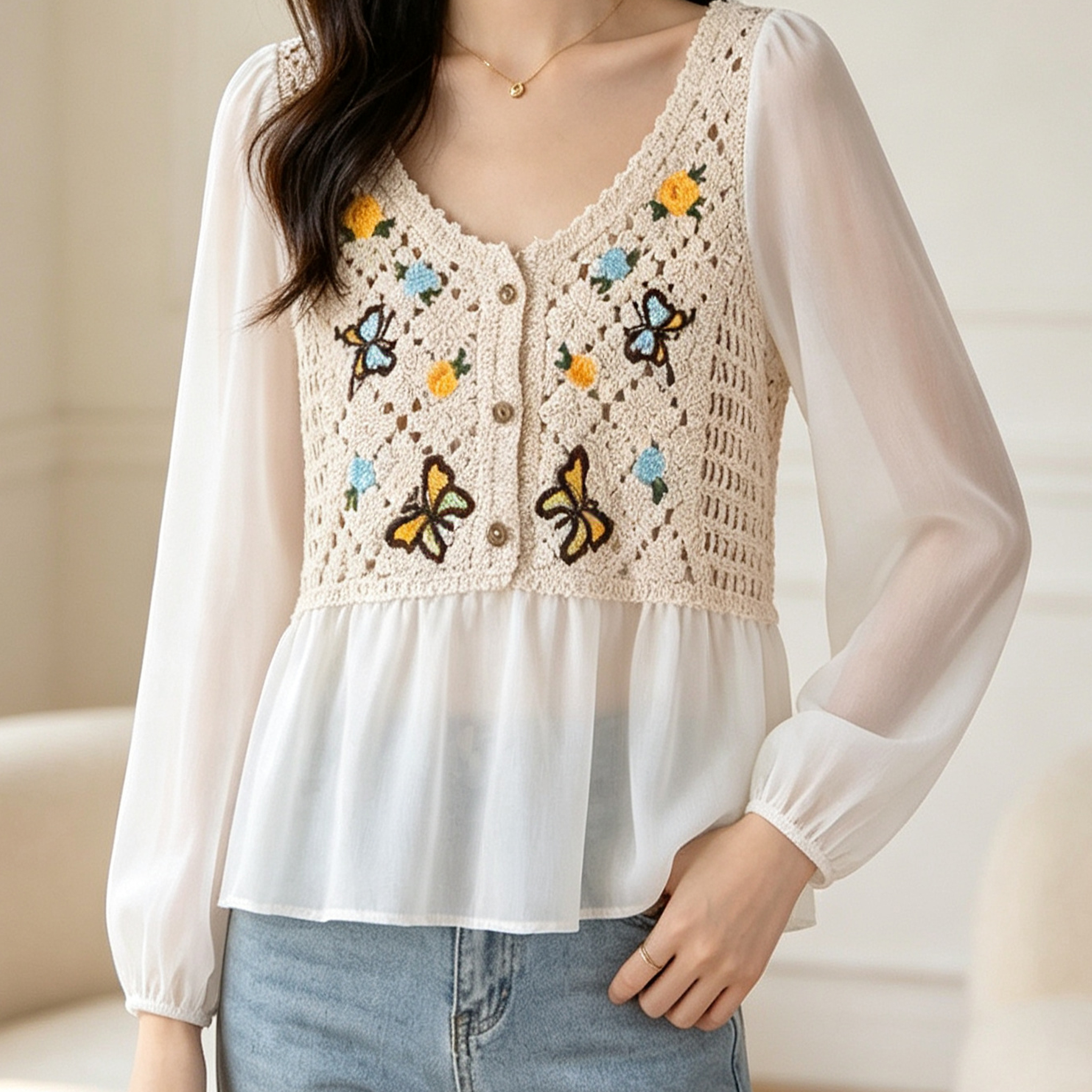 Ethnic-style embroidered crochet, cut-out and patchwork chiffon long-sleeved sun-protective top, short pullover knitted top for women's wear Item Picture