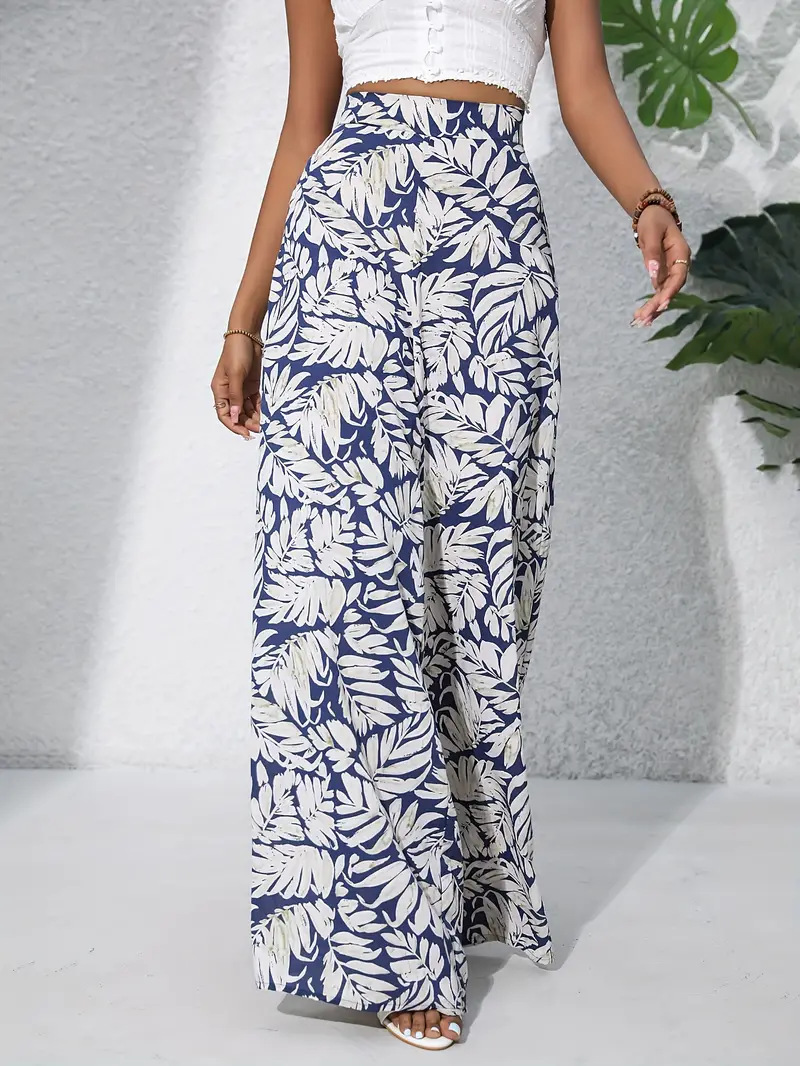 In 2026, new printed wide-leg pants with a fashionable and elegant vacation style, stretched-waist wide-leg trousers for women, cotton and linen shorts for women are launched in the cross-border summer of Europe and America full image