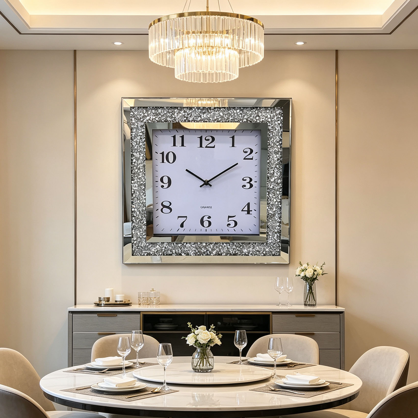 Silver diamond-encrusted digital craft wall clock, a simple and fashionable diamond-encrusted glass wall clock for bedroom, living room and entrance hall Application Scenario