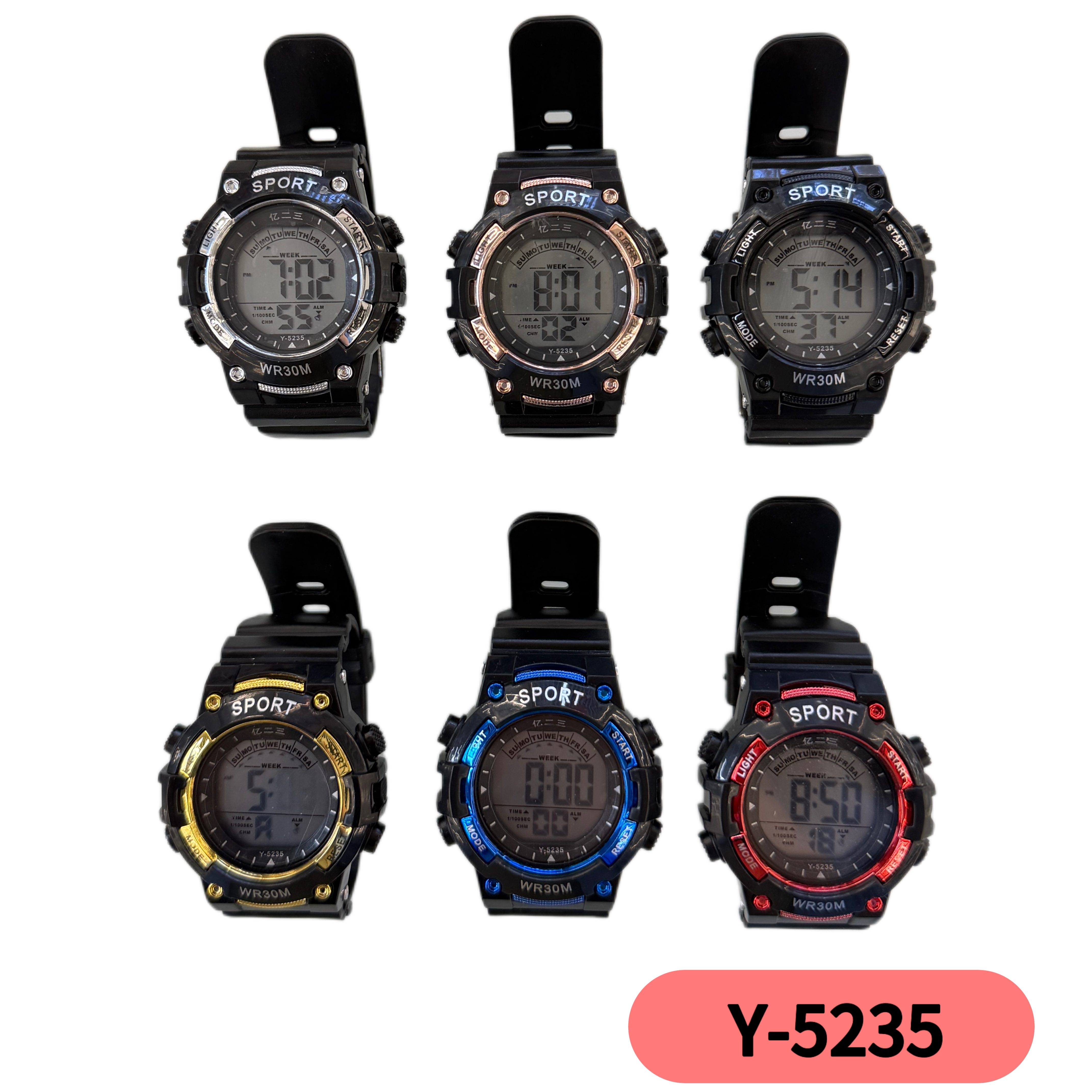 The YITONG basic model electronic watch from YITONG is cost-effective and durable. It is specially designed for students to wear in class and daily life. The Y-5235 color waterproof luminous sports electronic watch for both men and women is a trendy electronic watch full image