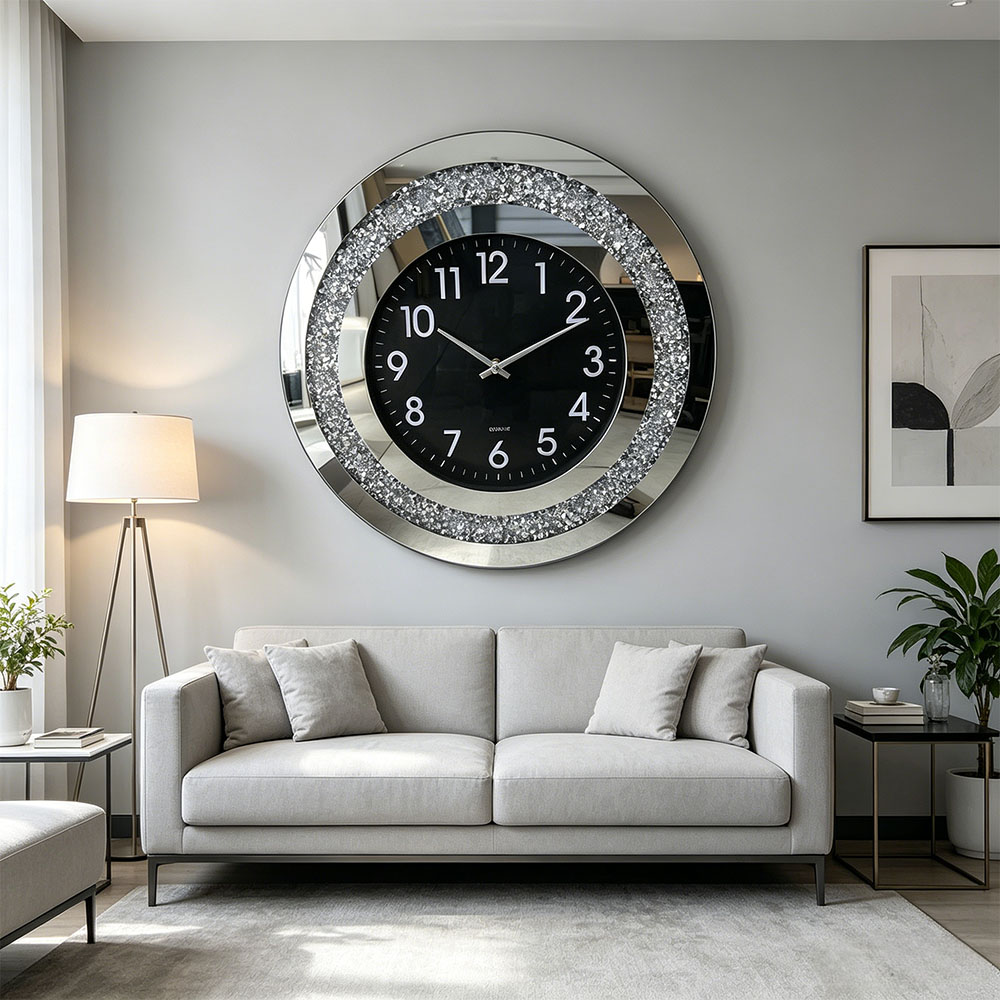 A simple round black dial, silver glass decorative wall clock, circular digital art craftsmanship, bedroom, living room and entrance hall glass wall clock details Picture