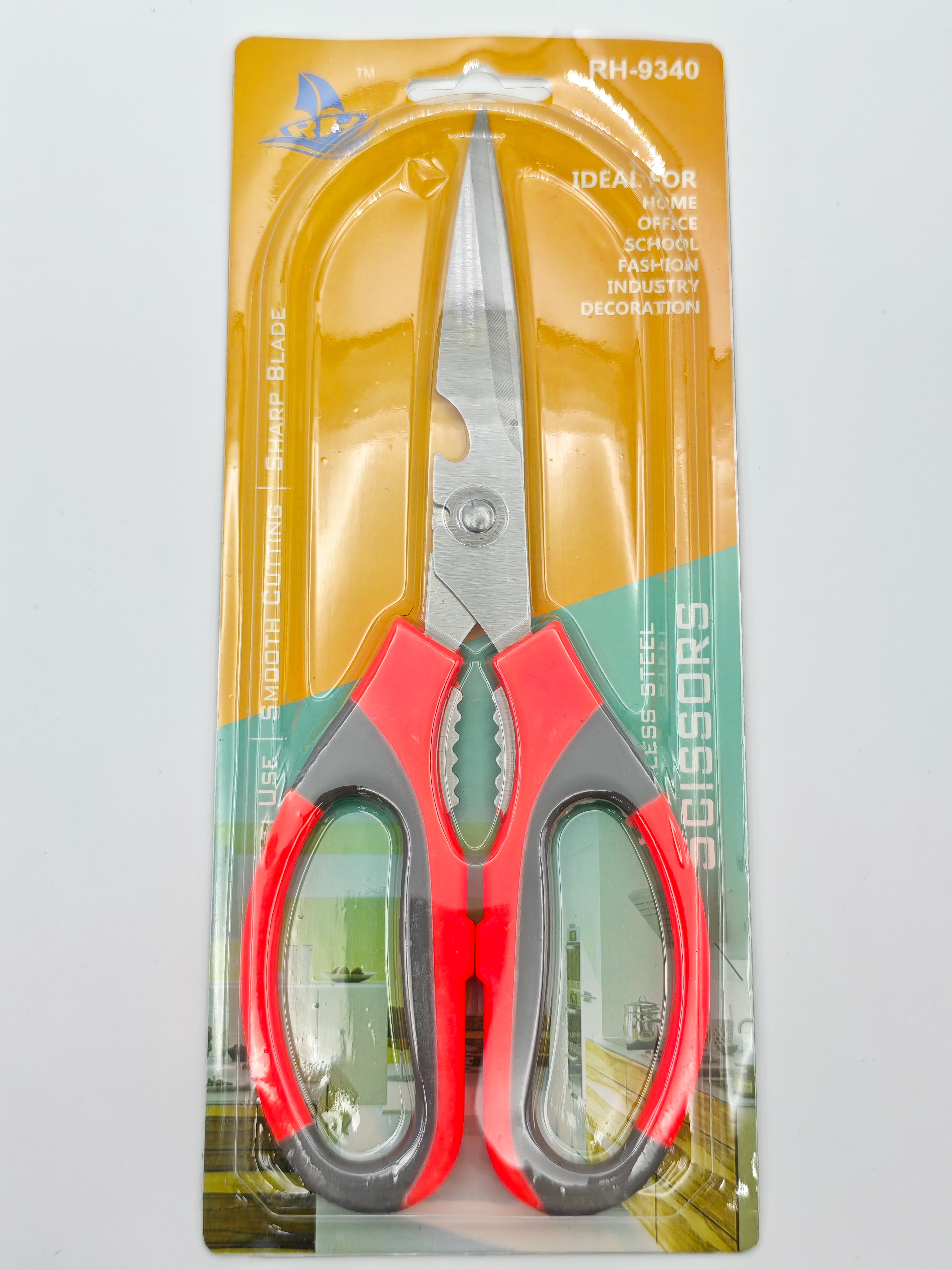 Bauhinia flower blue and green kitchen scissors set, stainless steel scissors with sleeve, packaging card full image