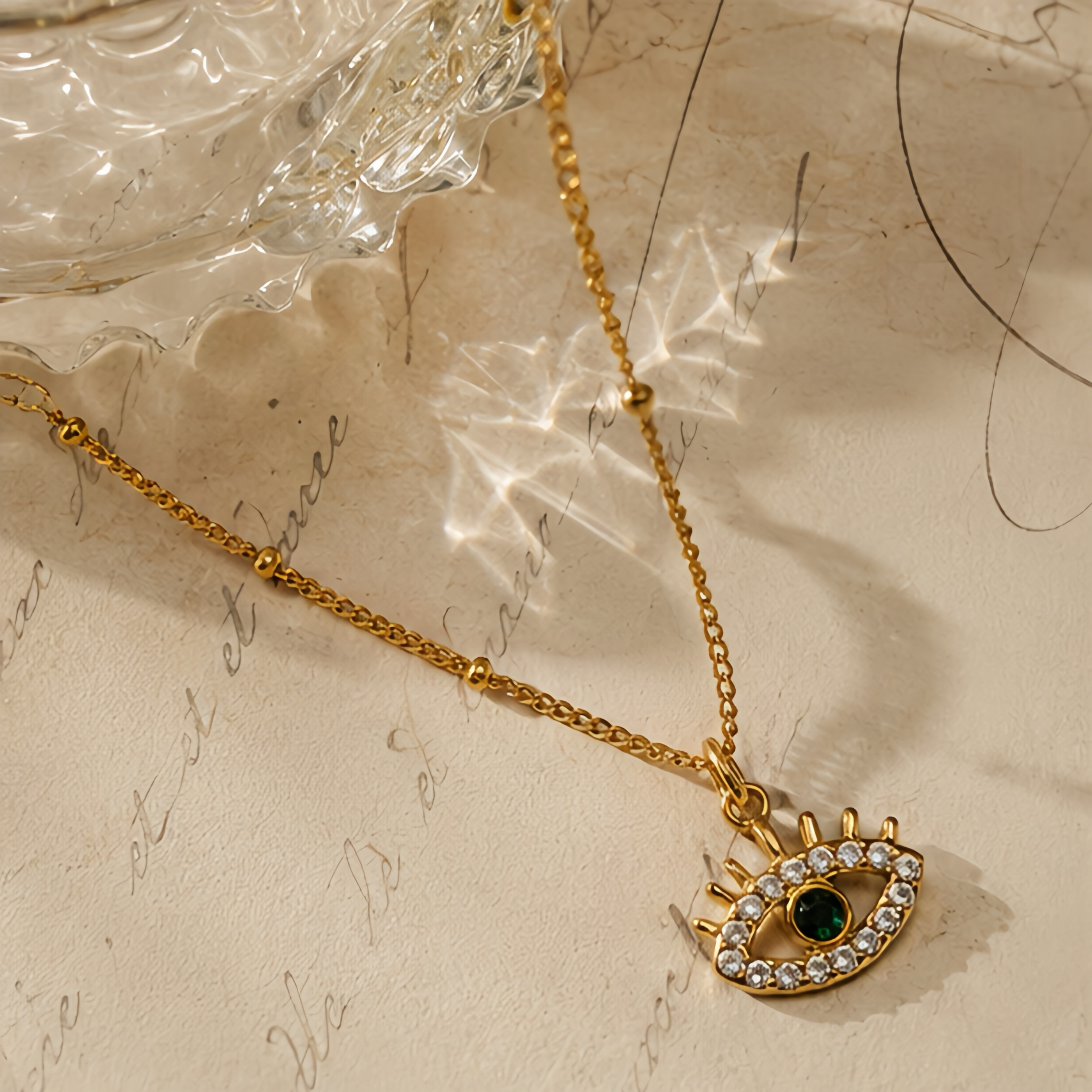 Hollowed-out devil's eye green diamond pendant, a unique street style in the Middle East, a niche long stainless steel decorative necklace Specification image