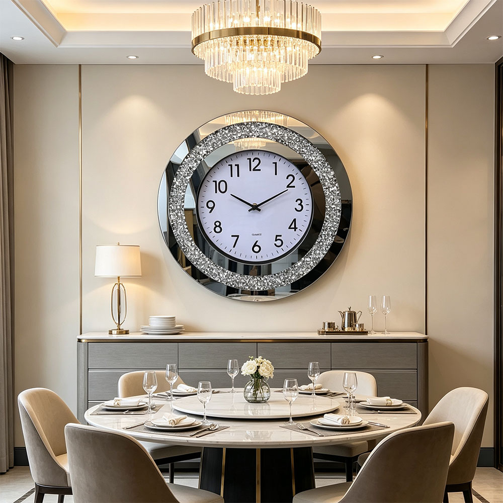 Circular silver diamond-encrusted digital craft wall clock, a simple and fashionable diamond-encrusted glass wall clock for the bedroom, living room and entrance hall Application Scenario