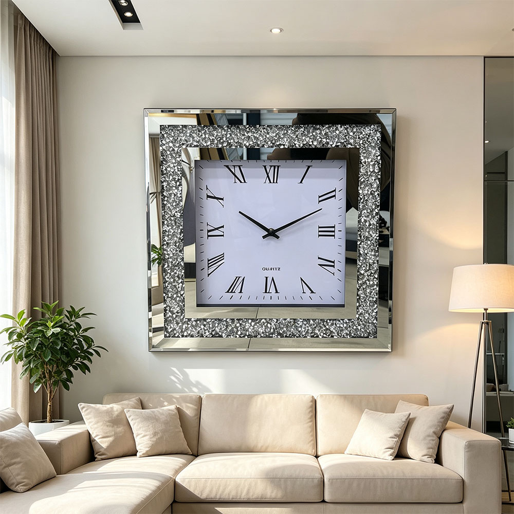 Square Roman numeral craft wall clock, simple Nordic-style artistic craftsmanship, living room, bedroom, entrance hall glass wall clock with diamond details Picture