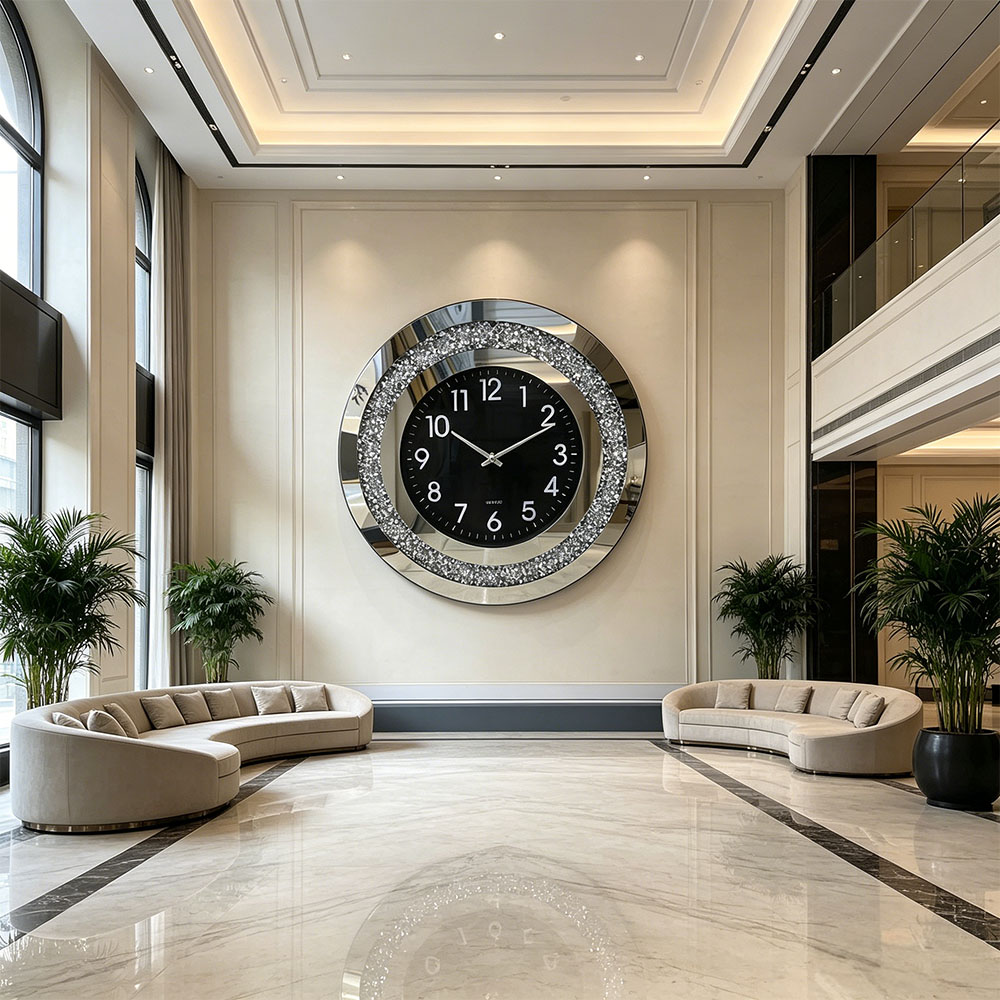 A simple round black dial, silver glass decorative wall clock, circular digital art craftsmanship, bedroom, living room and entrance hall glass wall clock full image