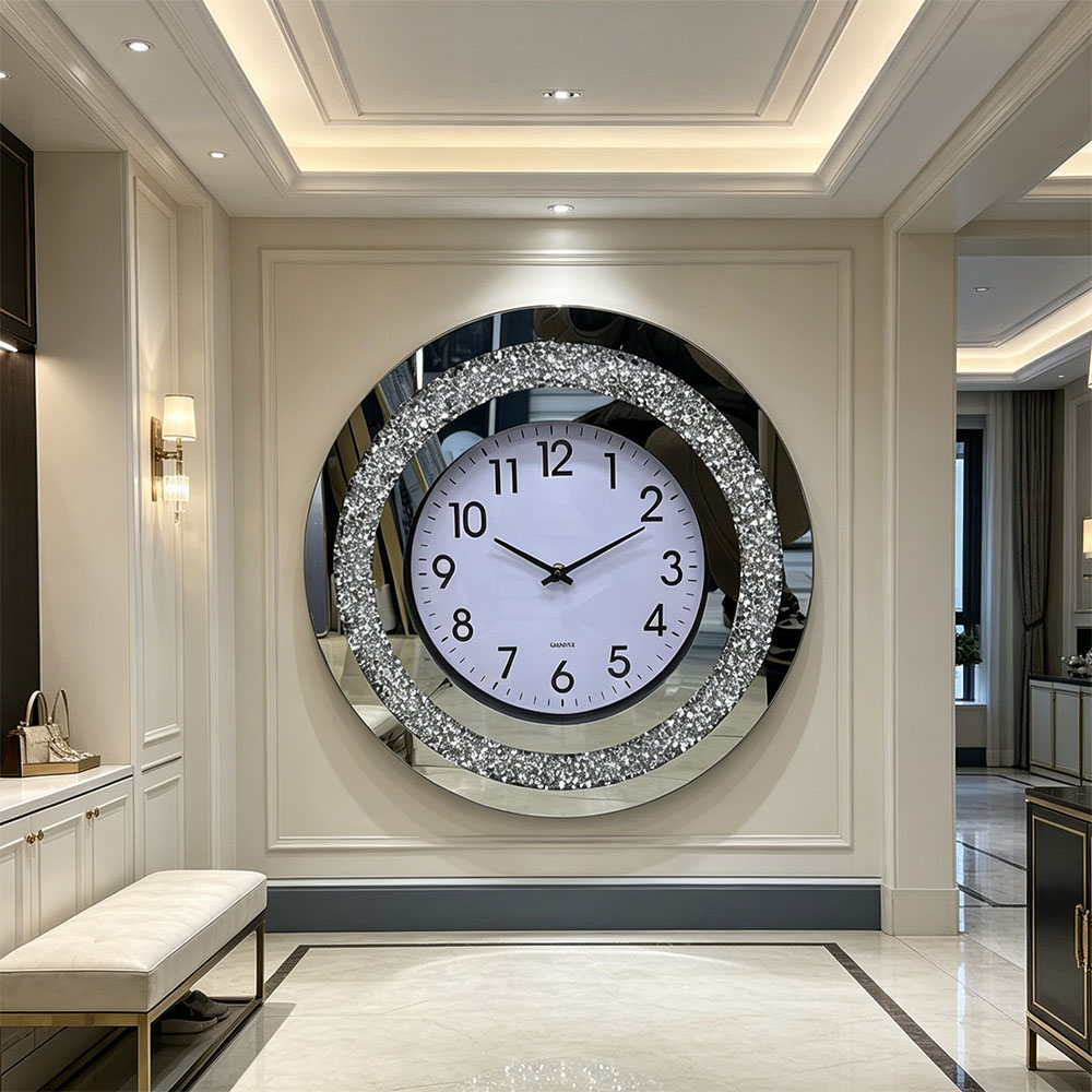 Circular silver diamond-encrusted digital craft wall clock, a simple and fashionable diamond-encrusted glass wall clock for the bedroom, living room and entrance hall full image