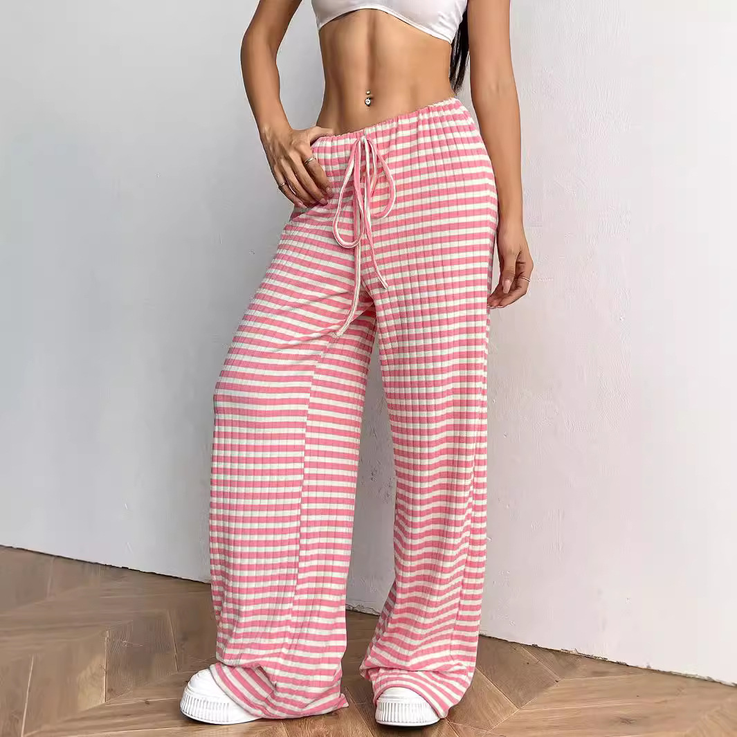 New casual striped solid color elastic drawstring cotton straight-leg pants for Amazon's cross-border women's clothing in the spring and autumn of 2026 full image