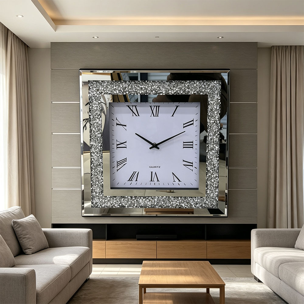Square Roman numeral craft wall clock, simple Nordic-style artistic craftsmanship, living room, bedroom, entrance hall glass wall clock with diamond Specification image