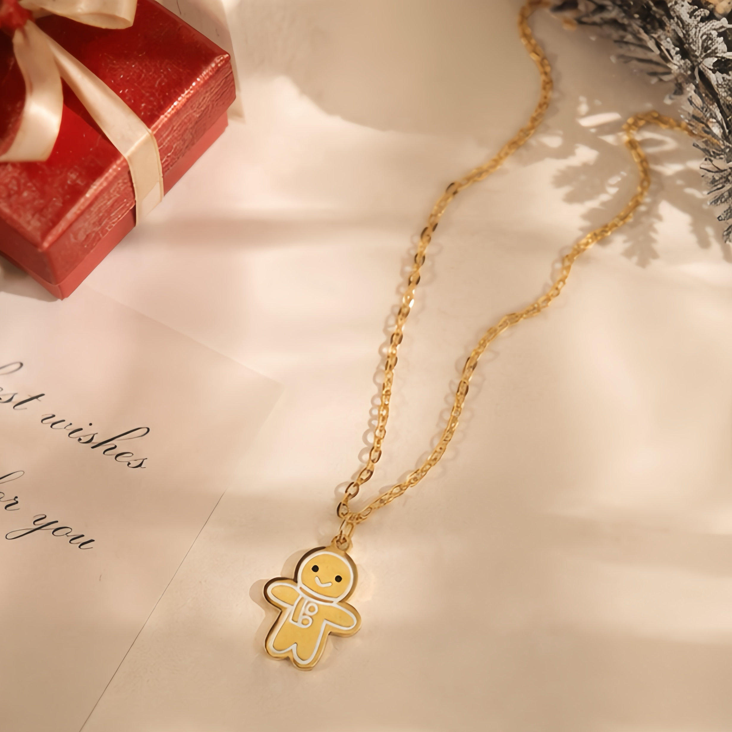 Cartoon gingerbread man oil drip pendant, stainless steel Christmas festival-themed accessory, sweet autumn and winter, versatile to wear alone or layer, childlike decorative collarbone chain