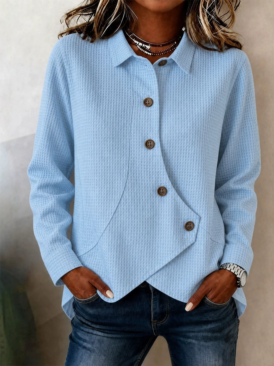 European and American Amazon women's casual solid color waffle irregular shirt full image