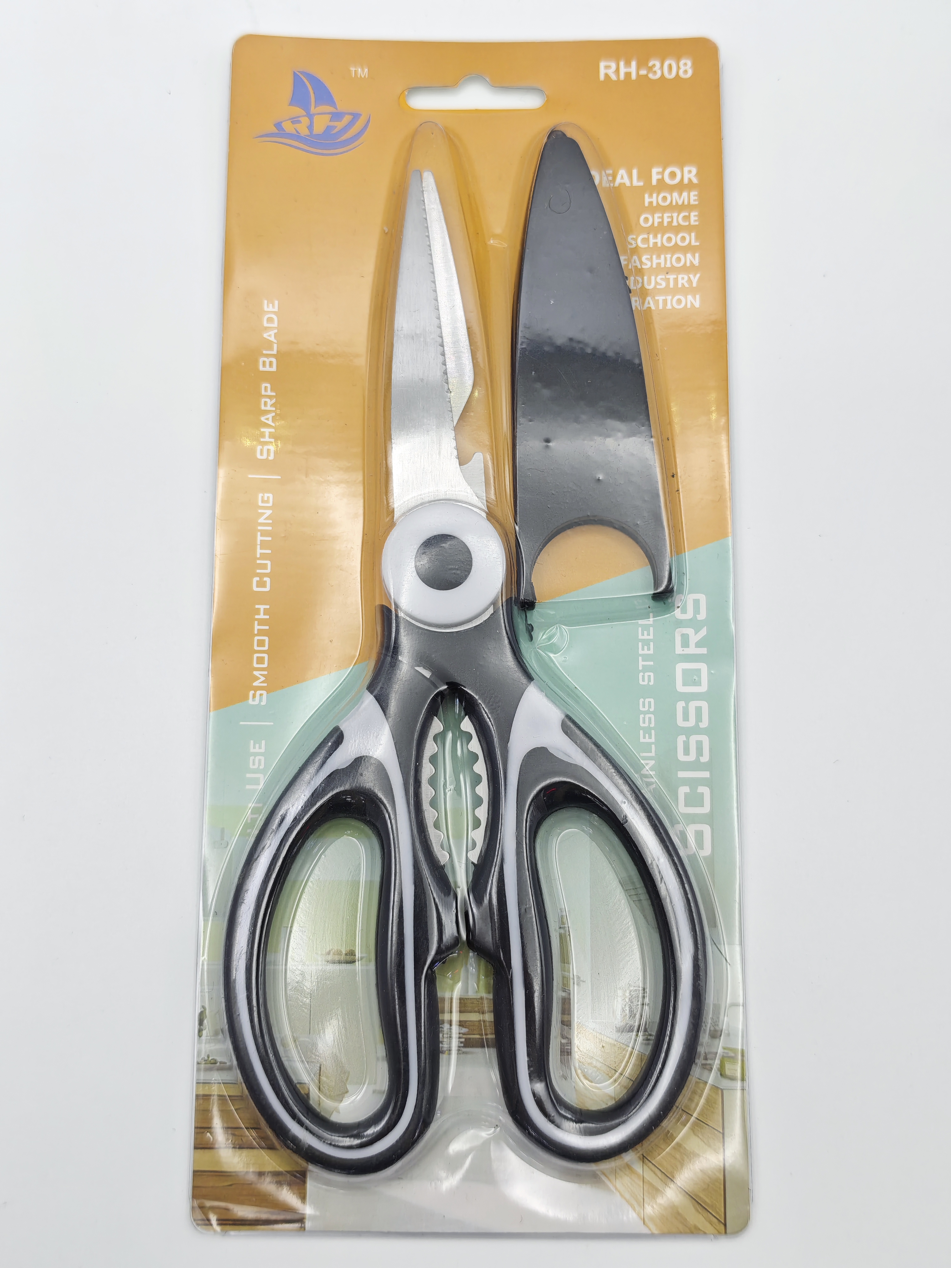 Bauhinia flower blue and green kitchen scissors set, stainless steel scissors with sleeve, packaging card details Picture