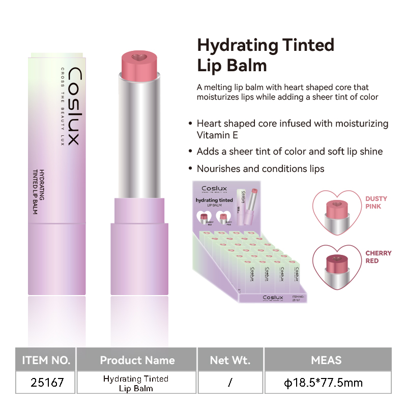 The moisturizing lip balm with a melting texture contains a heart-shaped core that moisturizes the lips and adds a bright color. The heart-shaped core is rich in moisturizing vitamin E, providing a bright color and a soft luster that nourishes and repairs the lip skin details Picture