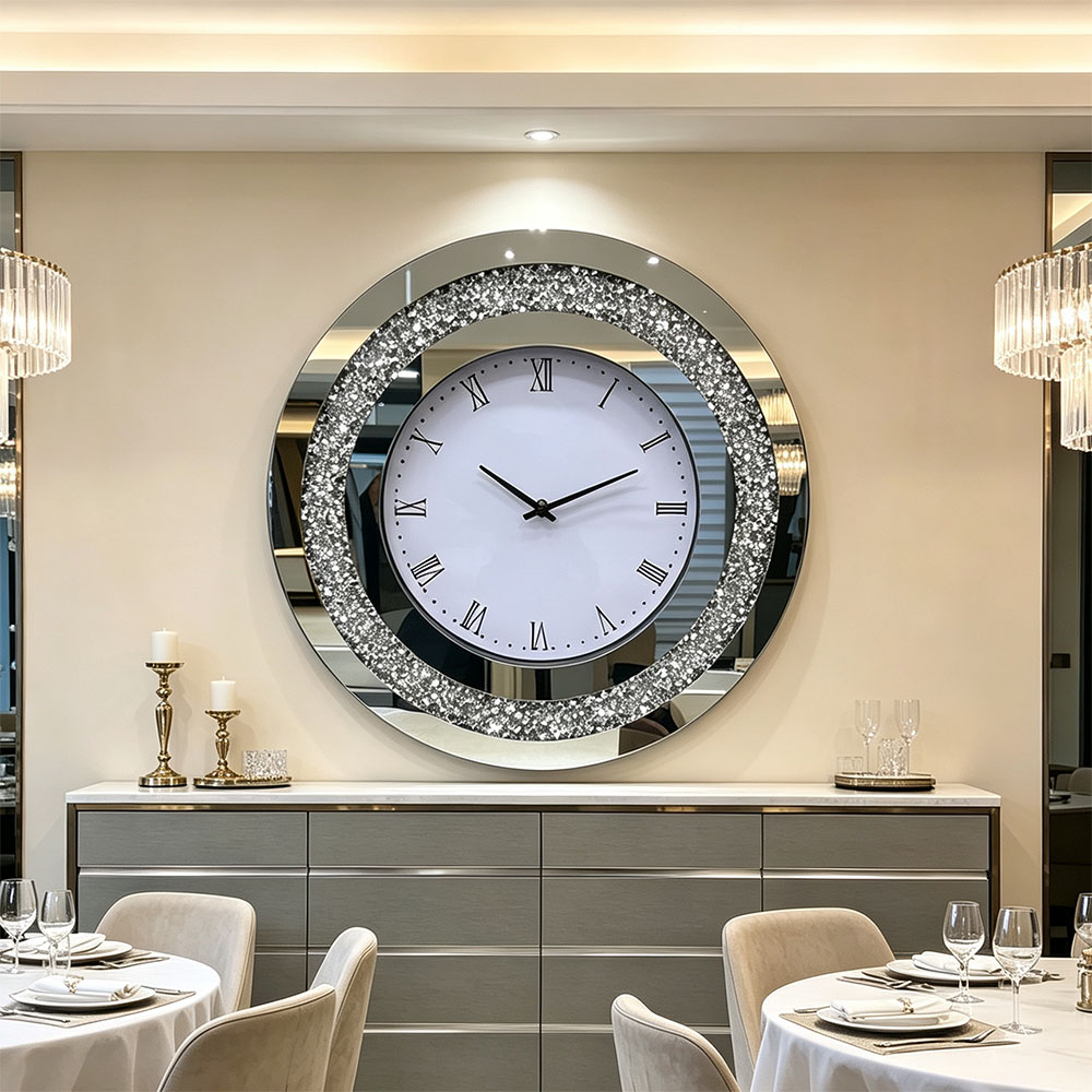 Simple silver diamond-encrusted round Roman numeral acrylic wall clock for living room and bedroom decoration art craft glass wall clock, fashionable and simple glass wall clock Item Picture