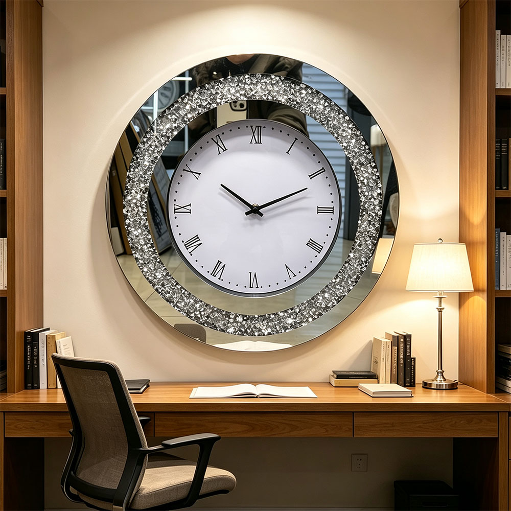 Simple silver diamond-encrusted round Roman numeral acrylic wall clock for living room and bedroom decoration art craft glass wall clock, fashionable and simple glass wall clock Application Scenario