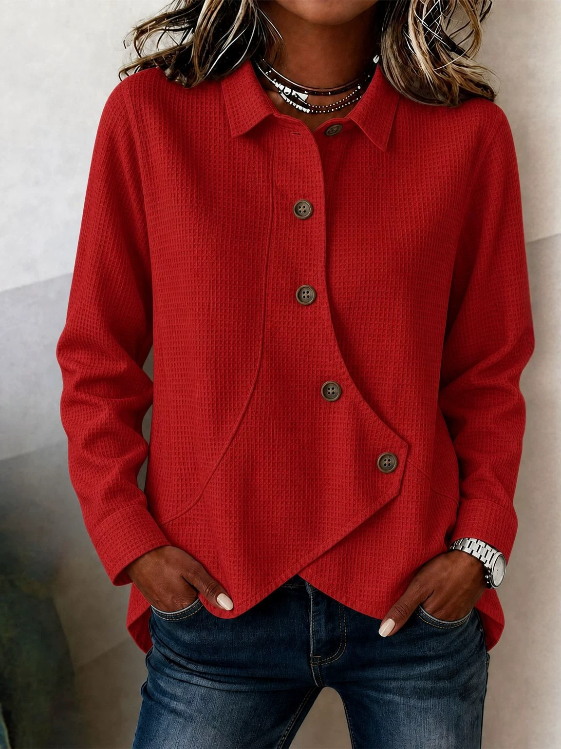 European and American Amazon women's casual solid color waffle irregular shirt Item Picture