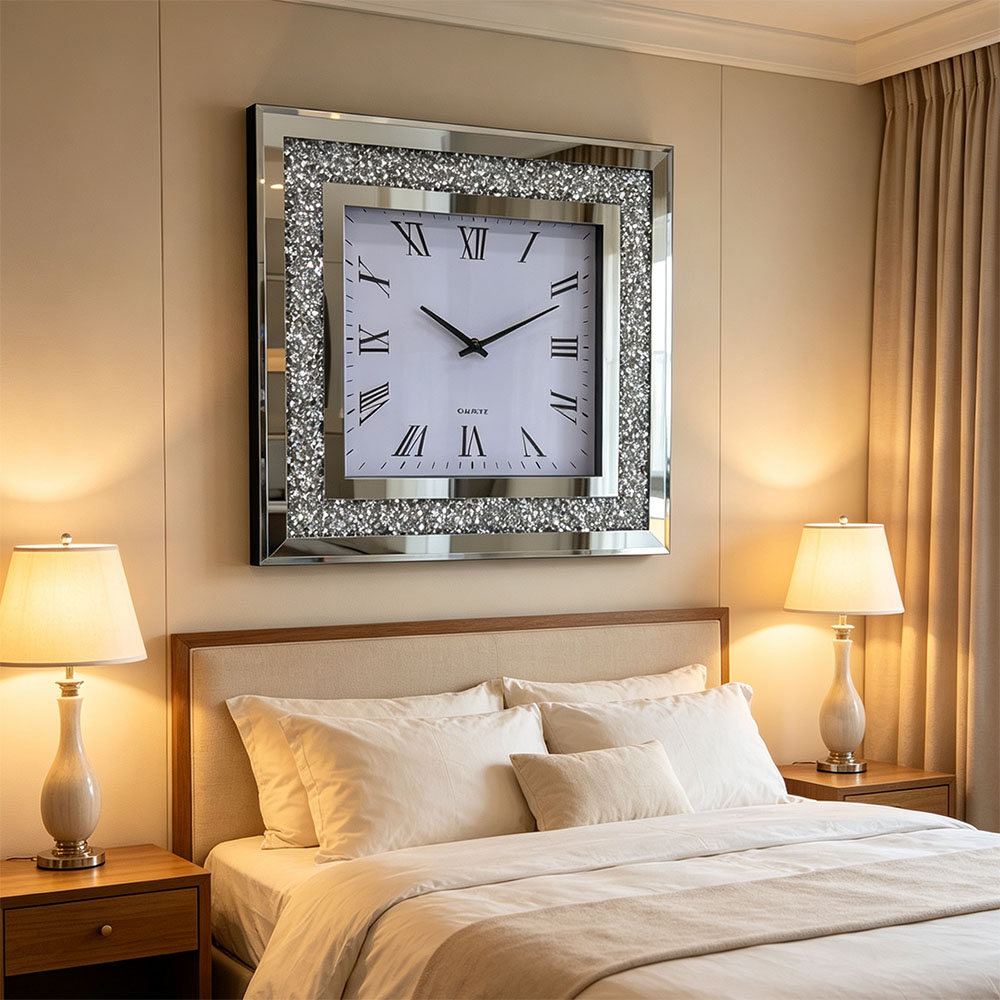 Square Roman numeral craft wall clock, simple Nordic-style artistic craftsmanship, living room, bedroom, entrance hall glass wall clock with diamond Application Scenario