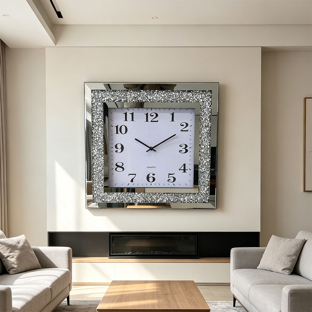 Silver diamond-encrusted digital craft wall clock, a simple and fashionable diamond-encrusted glass wall clock for bedroom, living room and entrance hall Specification image