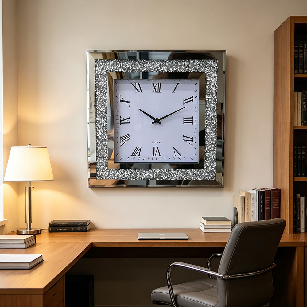 Square Roman numeral craft wall clock, simple Nordic-style artistic craftsmanship, living room, bedroom, entrance hall glass wall clock with diamond Item Picture